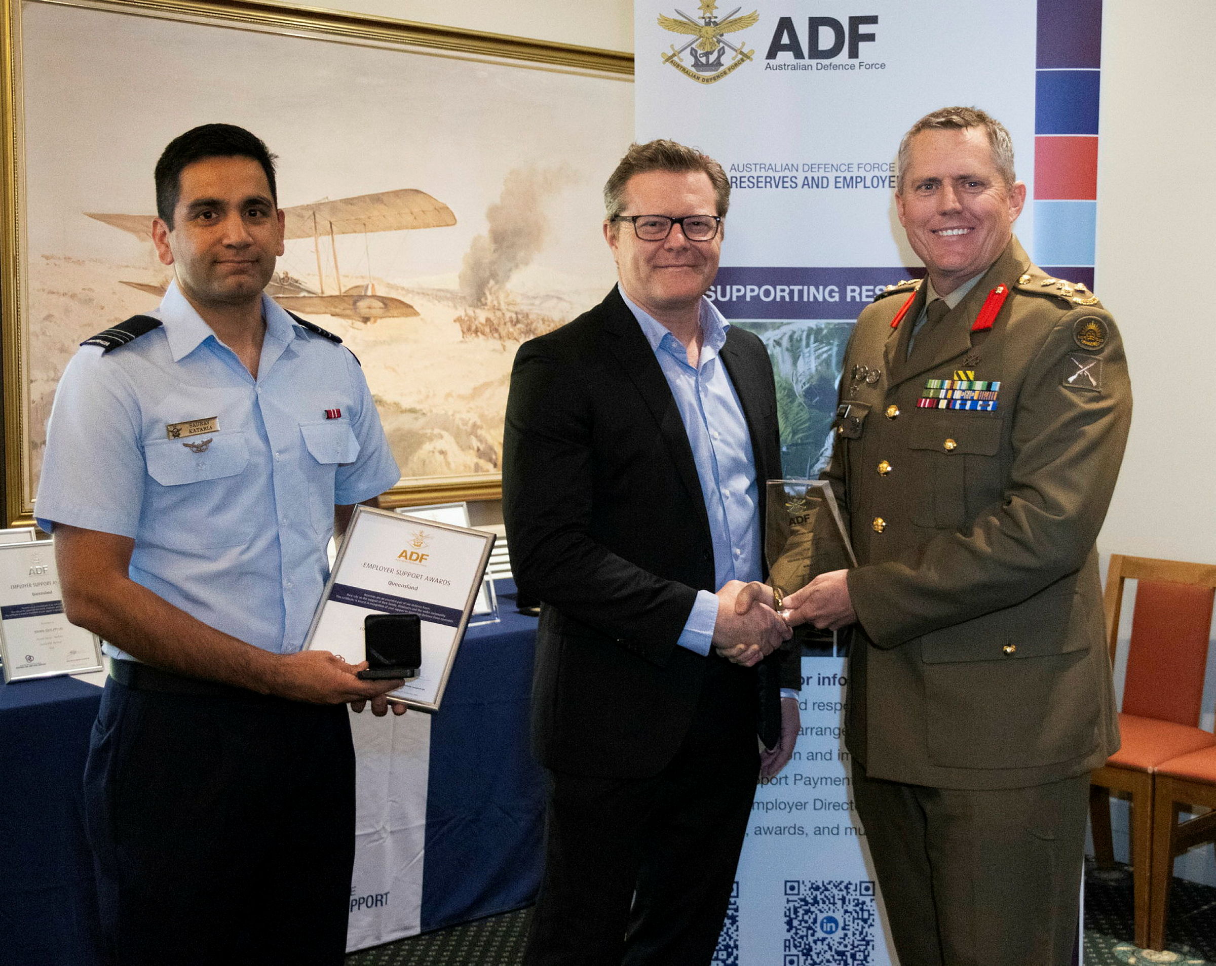 Flight Lieutenant Saurav Kataria, James Christie and Brigadier Mark Smith at the 2026 Queensland employer awards