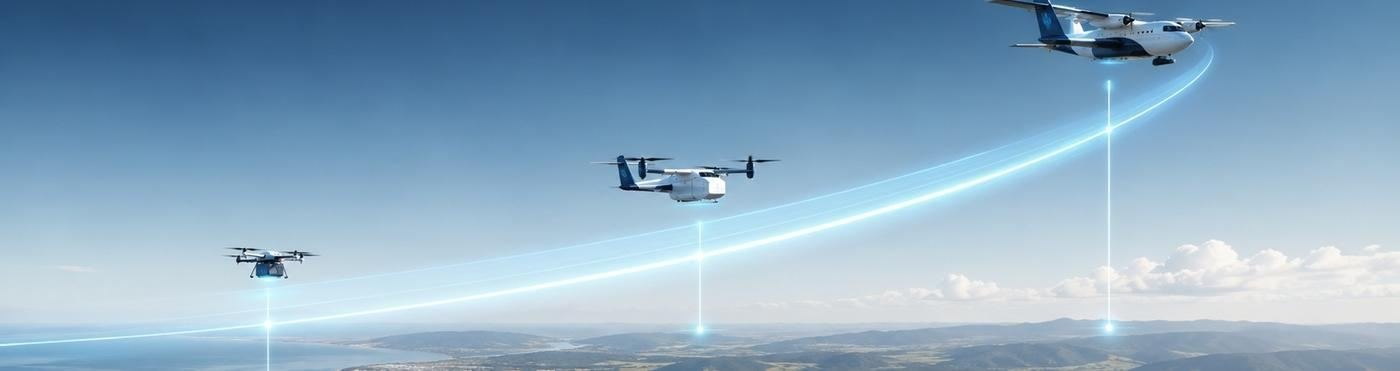 Illustrative drones flying along a managed airspace corridor