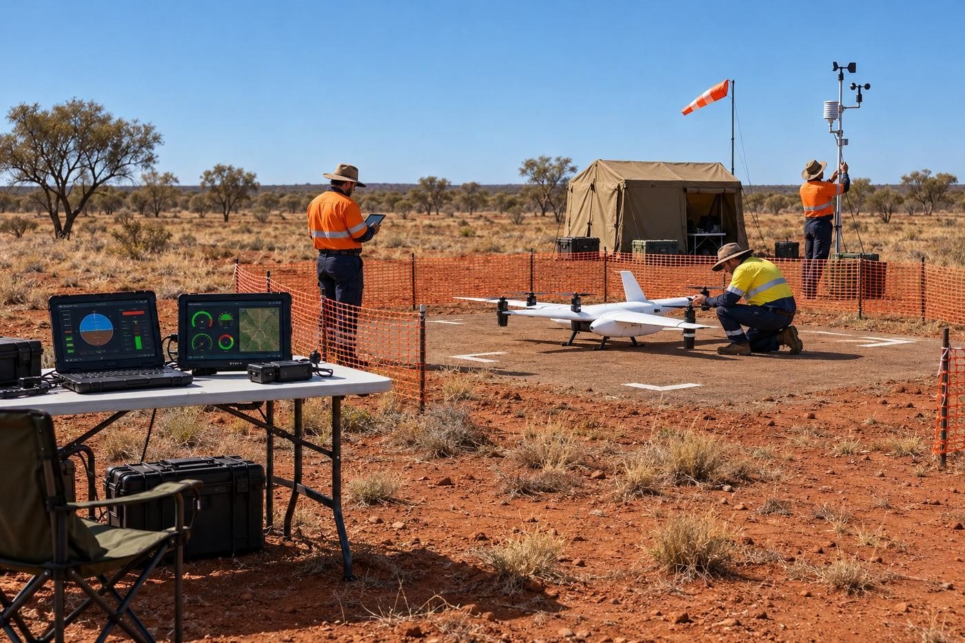 Illustrative field trial team preparing a fixed wing drone