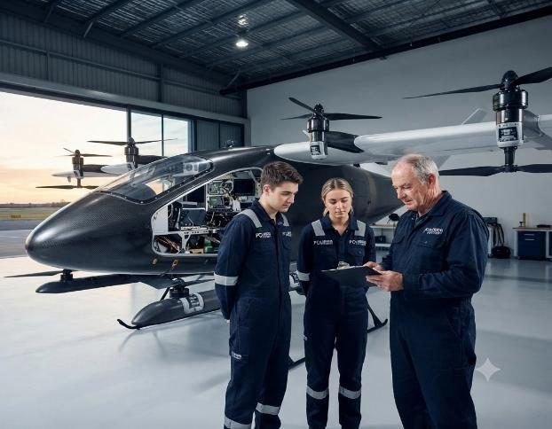 Illustrative technicians reviewing an uncrewed aircraft in a hangar