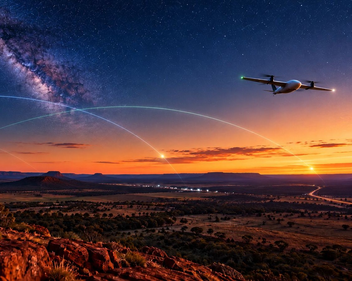 Illustrative uncrewed aircraft flying over outback ranges at dusk