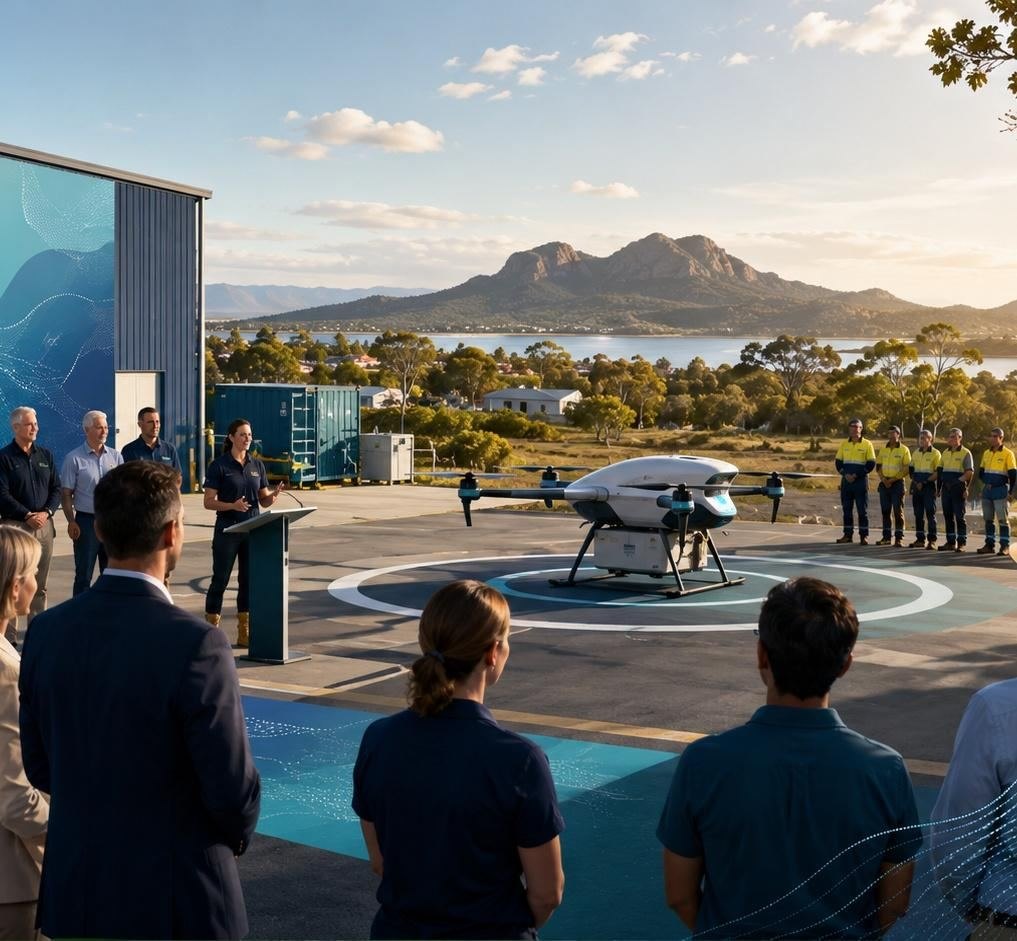 Illustrative community launch of a drone landing pad in a regional town